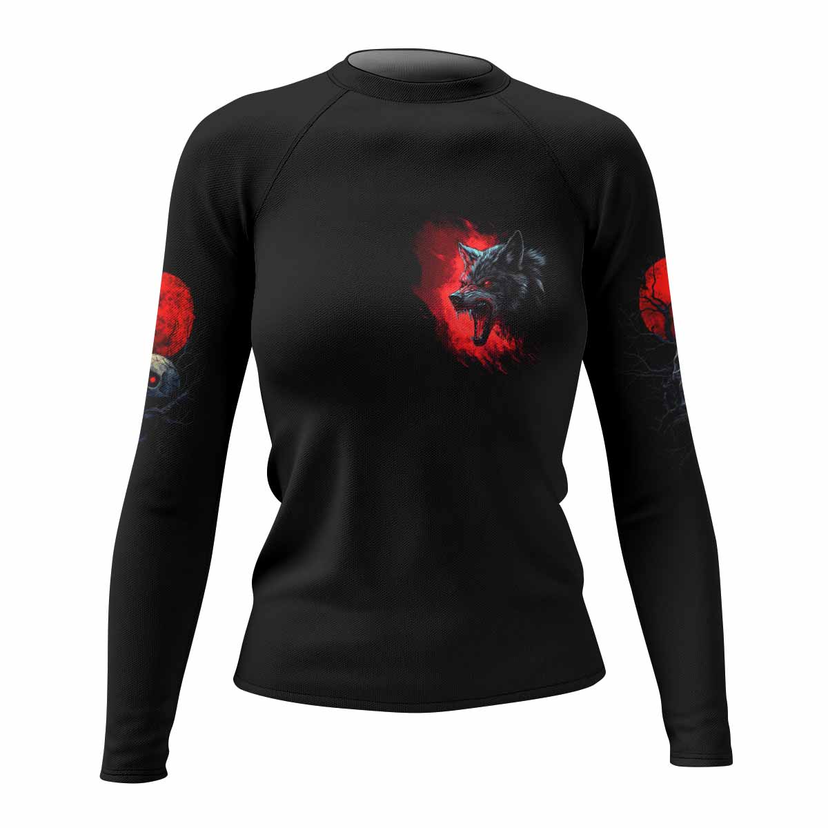 Twin Wolf Apocalypse Women's Rash Guard Long Sleeve - front view mockup