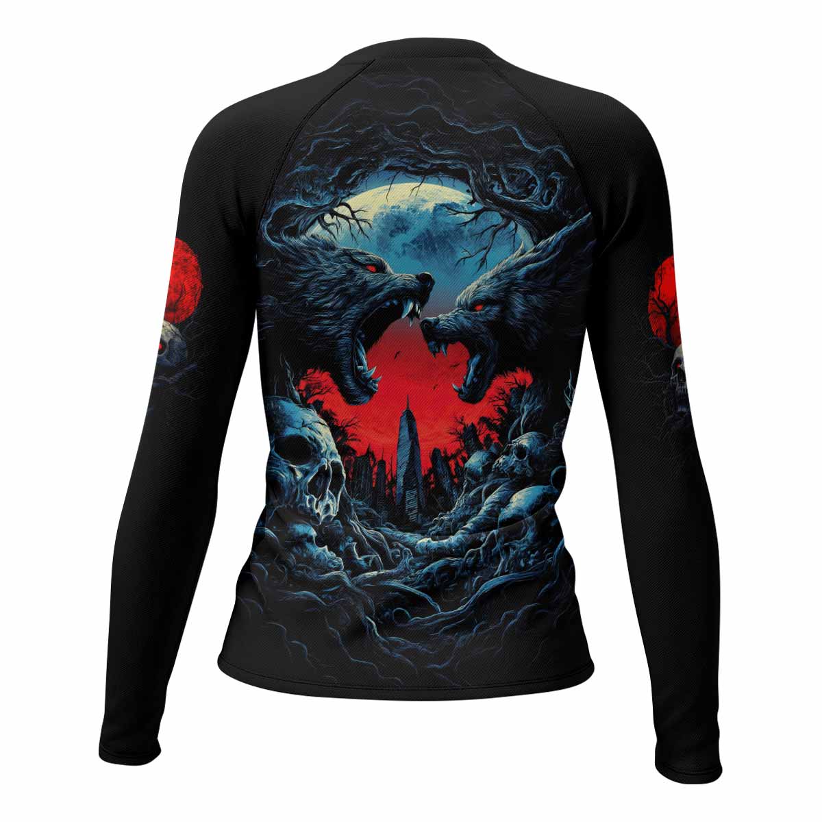 Twin Wolf Apocalypse Women's Rash Guard Long Sleeve - back view mockup