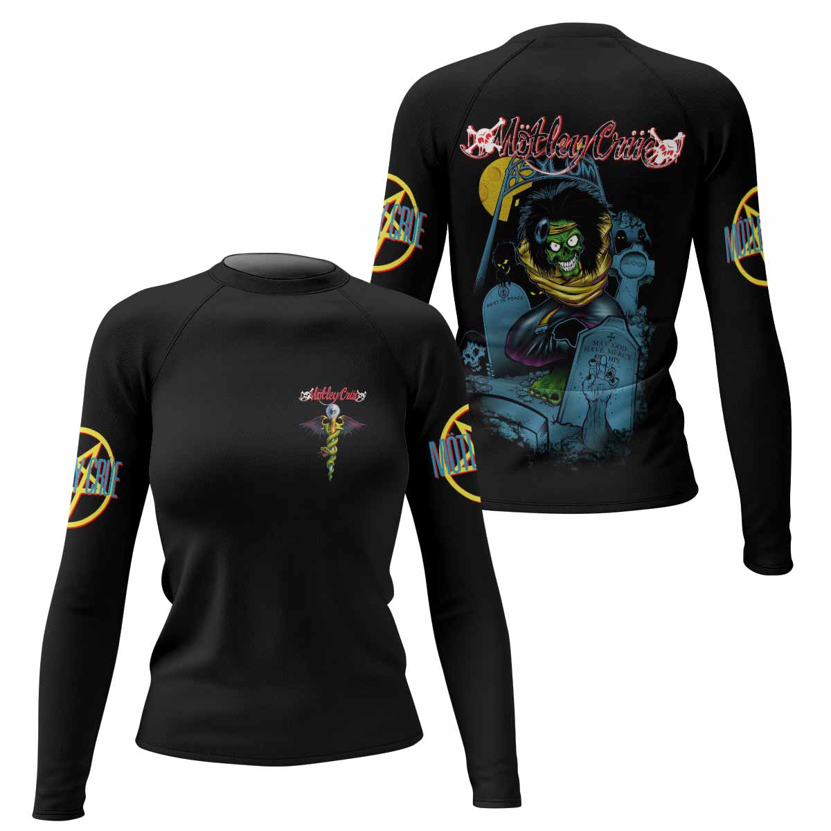 Mötley Crüe Dr. Feelgood Women's Rash Guard Long Sleeve - front and back view