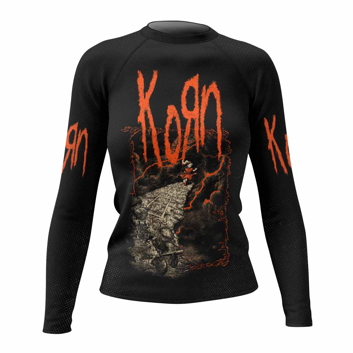 Korn Follow Cliff Women's Rash Guard Long Sleeve - front view mockup