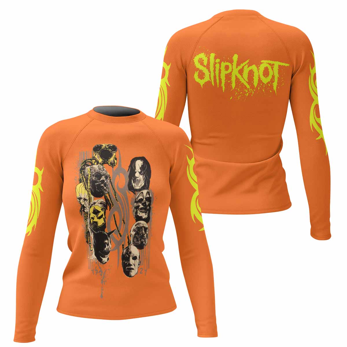Slipknot Splatter Orange Women's Rash Guard Long Sleeve - front and back view