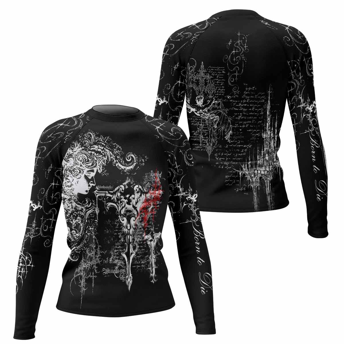 Born to Die Women's Rash Guard Long Sleeve - front and back view
