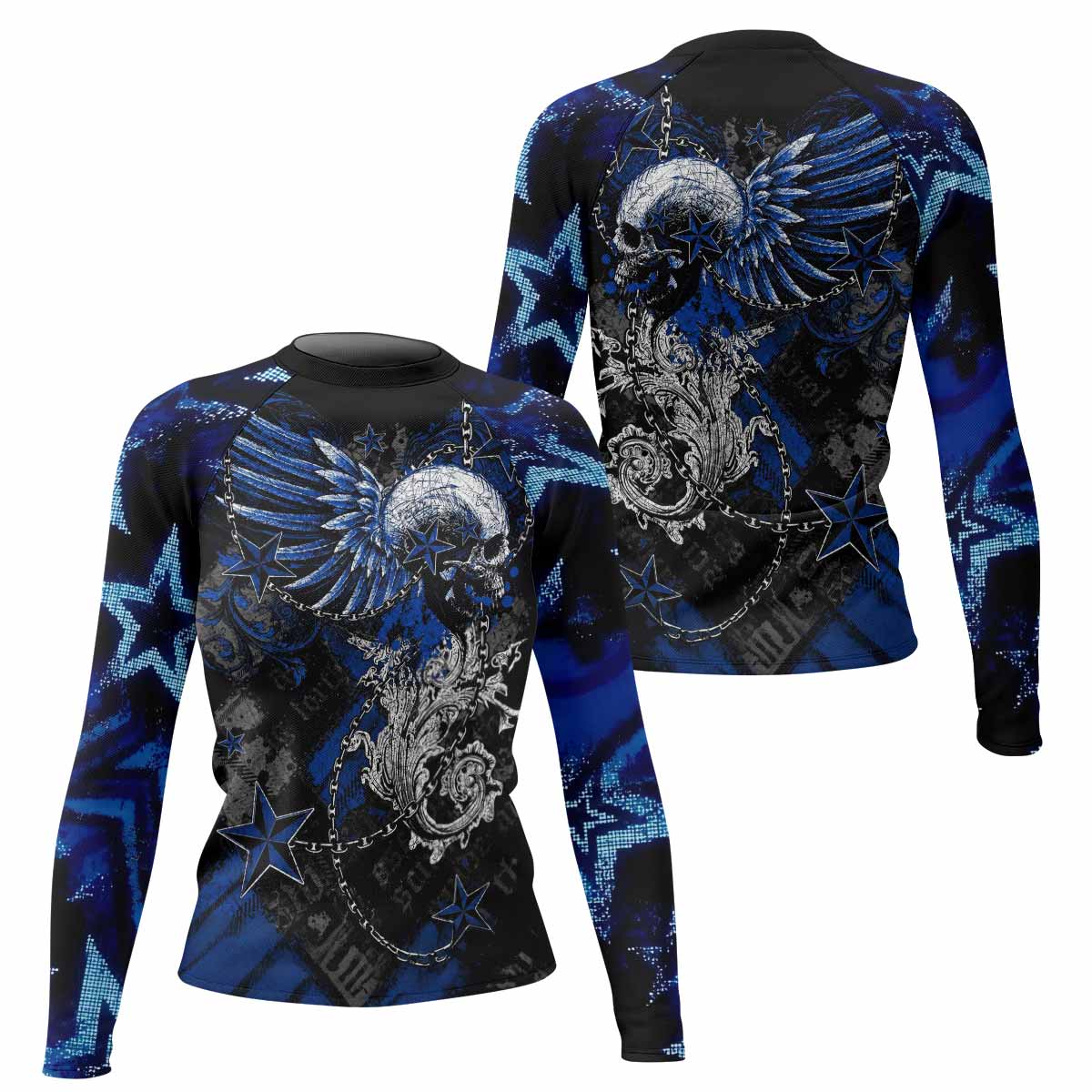 Blue Winged Skull Women's Rash Guard Long Sleeve - front and back view