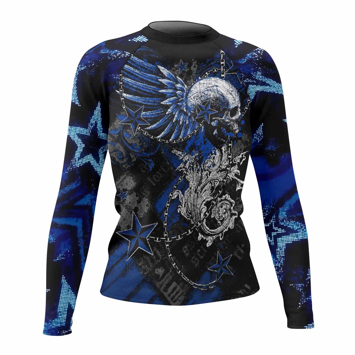 Blue Winged Skull Women's Rash Guard Long Sleeve - front view mockup
