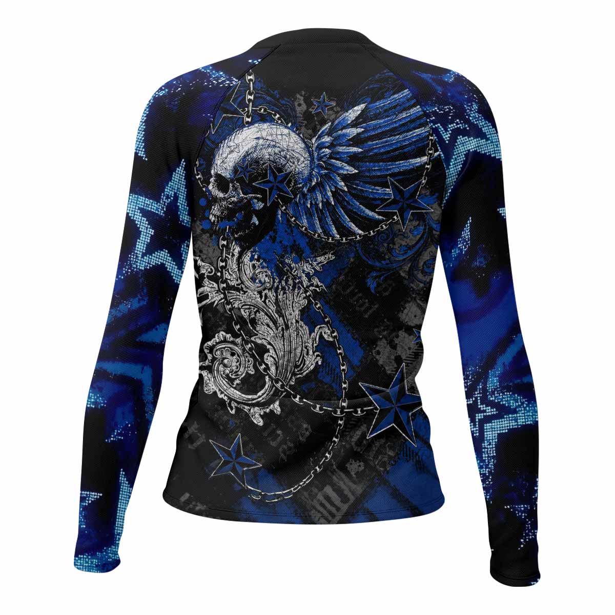 Blue Winged Skull Women's Rash Guard Long Sleeve - back view mockup