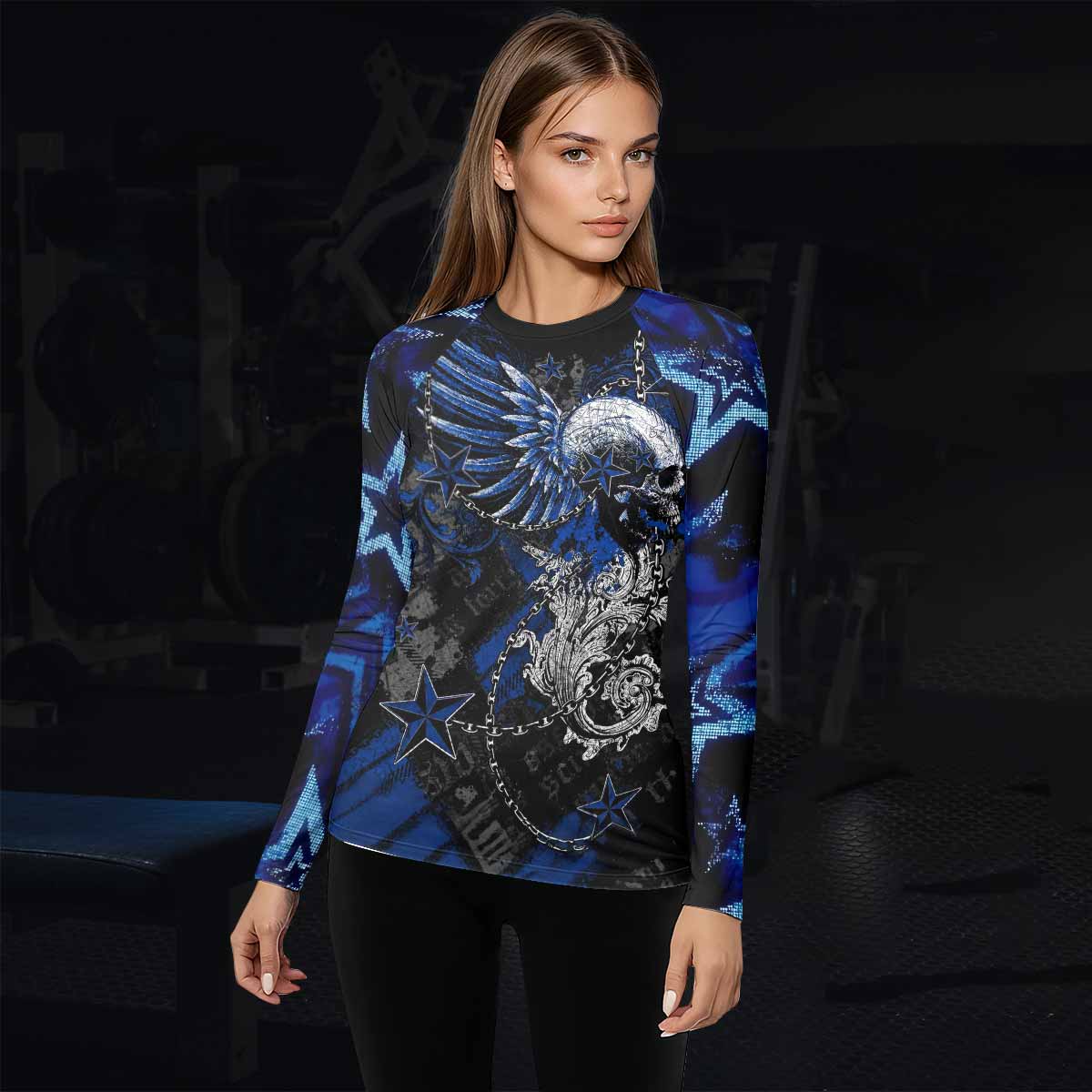 Blue Winged Skull Women's Rash Guard Long Sleeve - lifestyle view