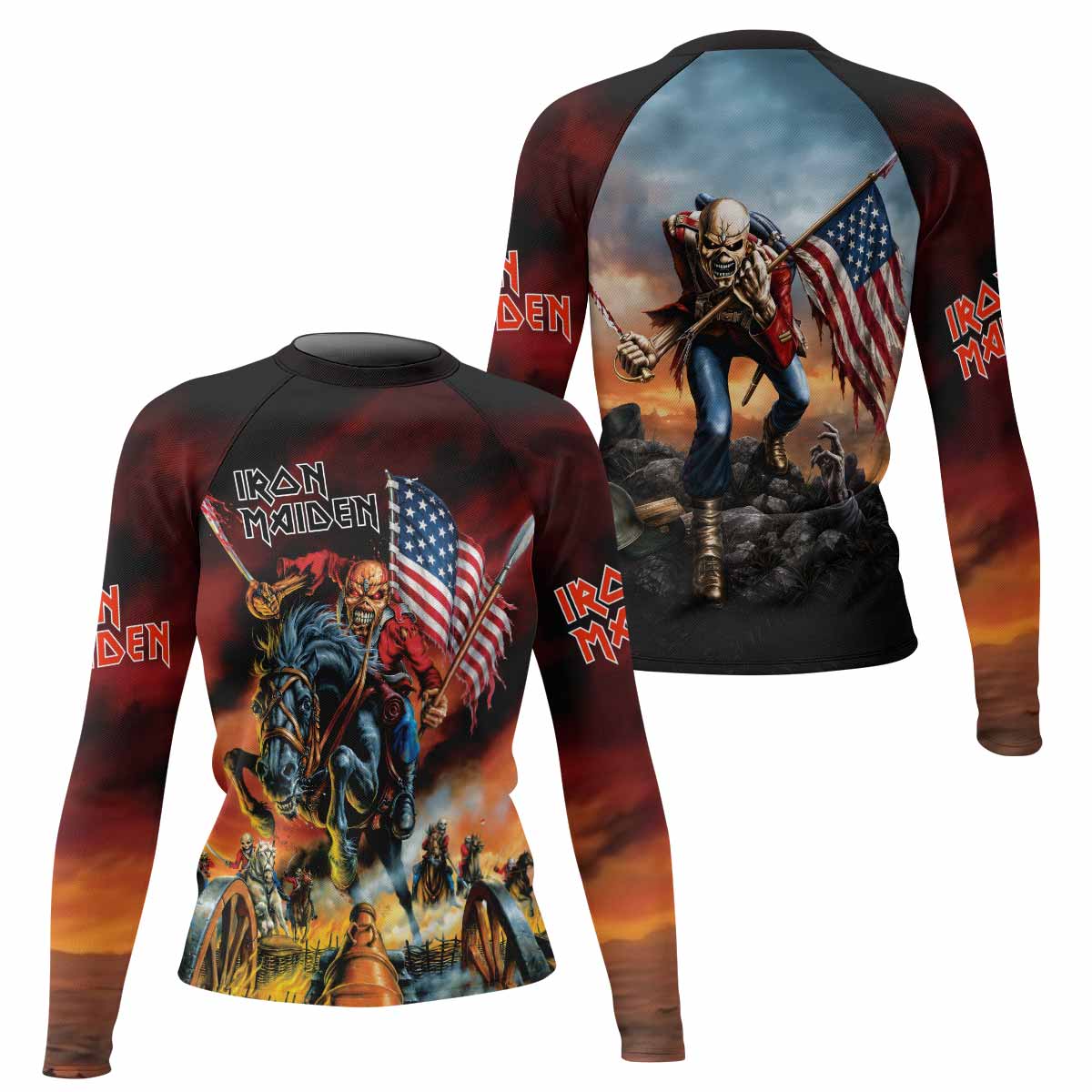 Iron Maiden American Flag Women's Rash Guard Long Sleeve - front and back view