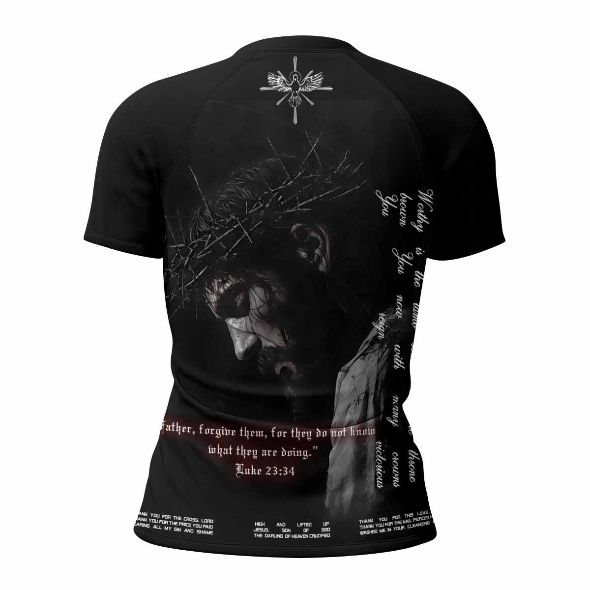 Crucified Silence Women's Rash Guard Short Sleeve - back view mockup