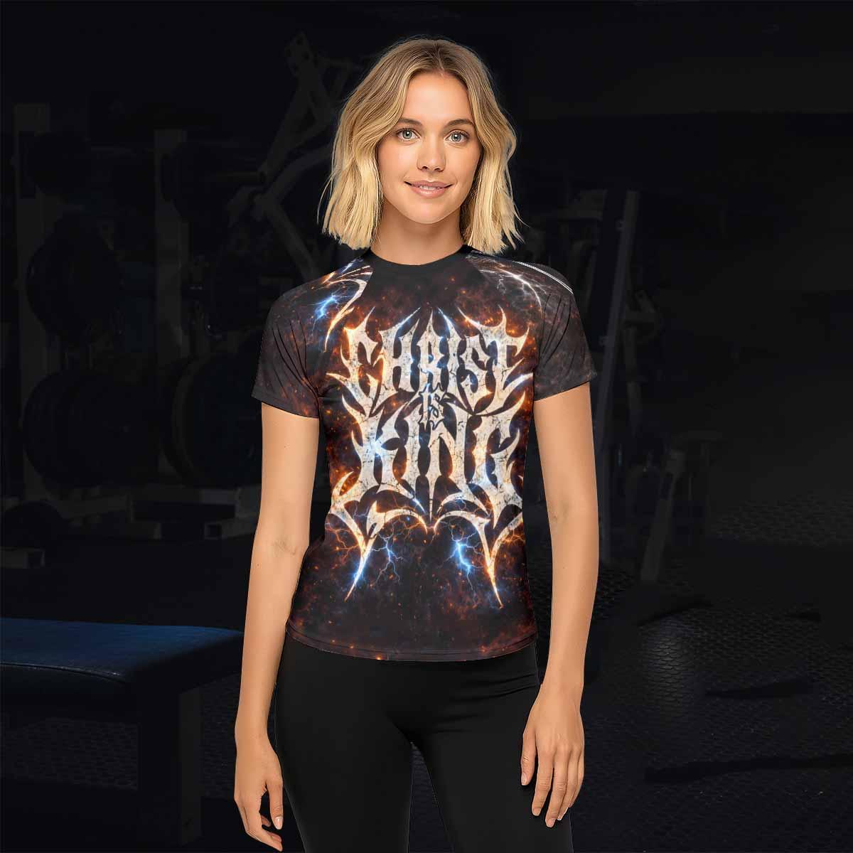 Christ is King Women's Rash Guard Short Sleeve - lifestyle view