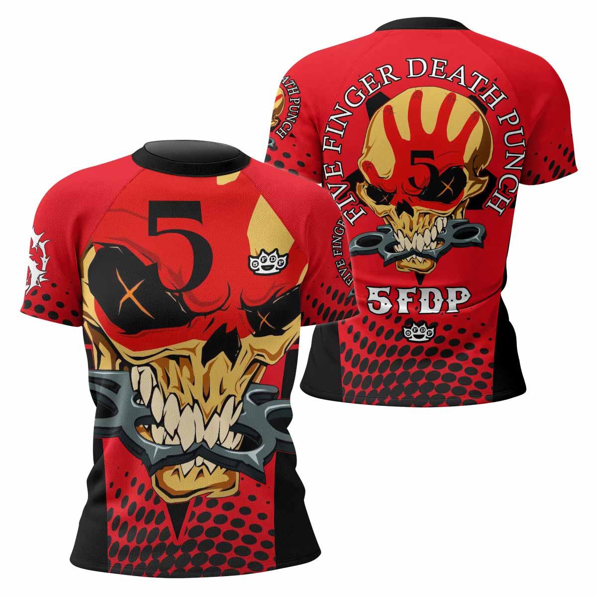Five Finger Death Punch 5FDP Women's Rash Guard Short Sleeve - front and back view