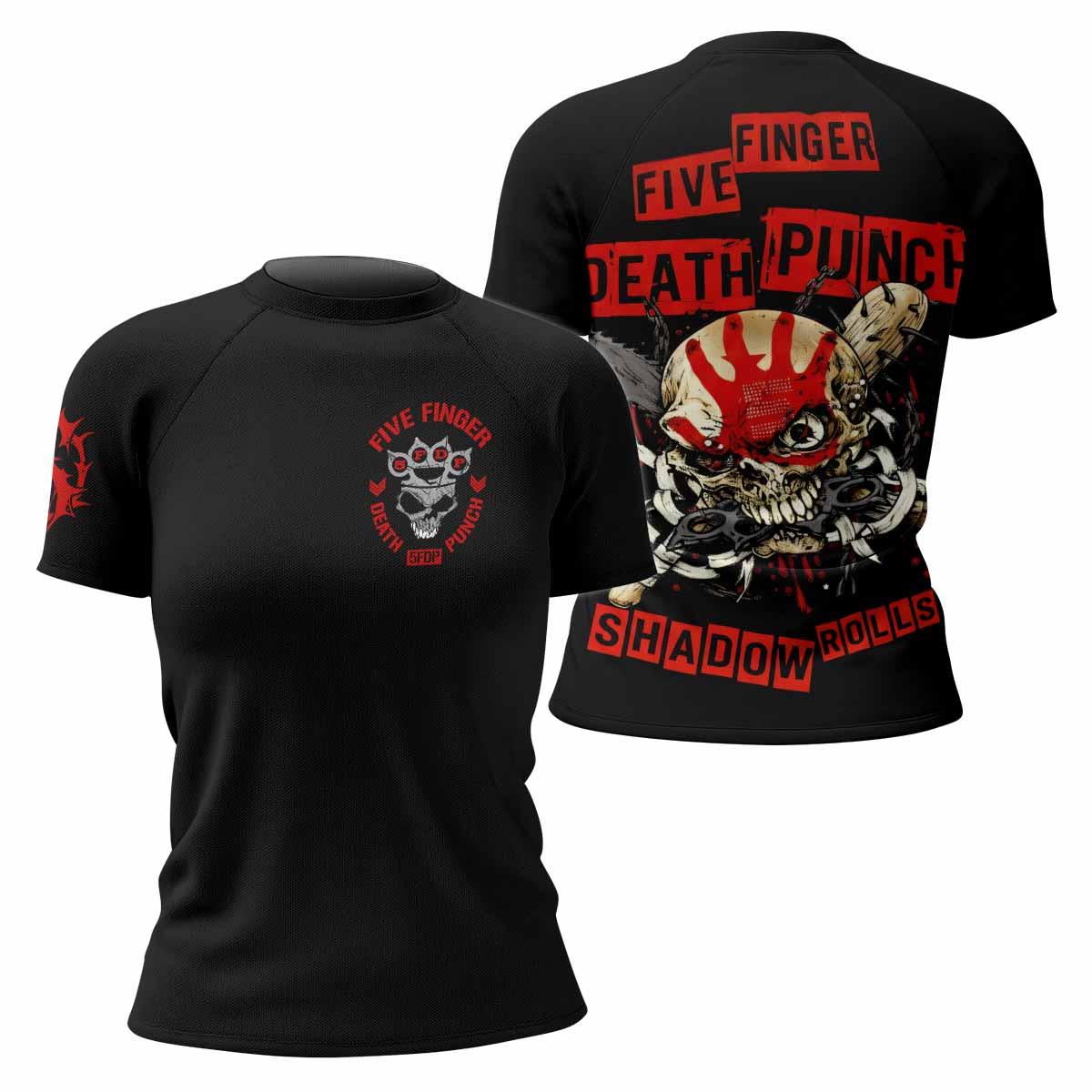 Five Finger Death Punch Shadowrolls Women's Rash Guard Short Sleeve - front and back view