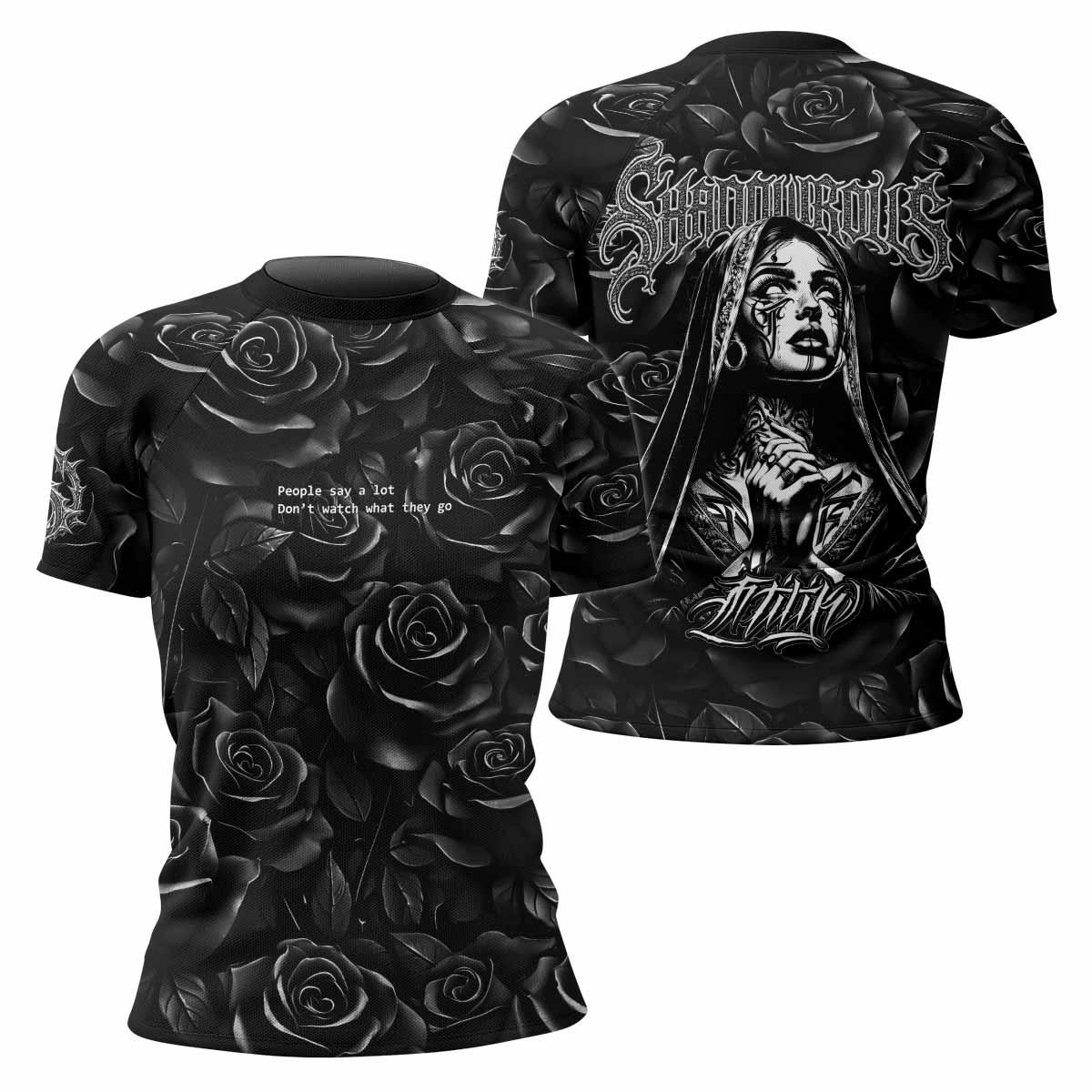 Pray for the Rave Women's Rash Guard Short Sleeve - front and back view