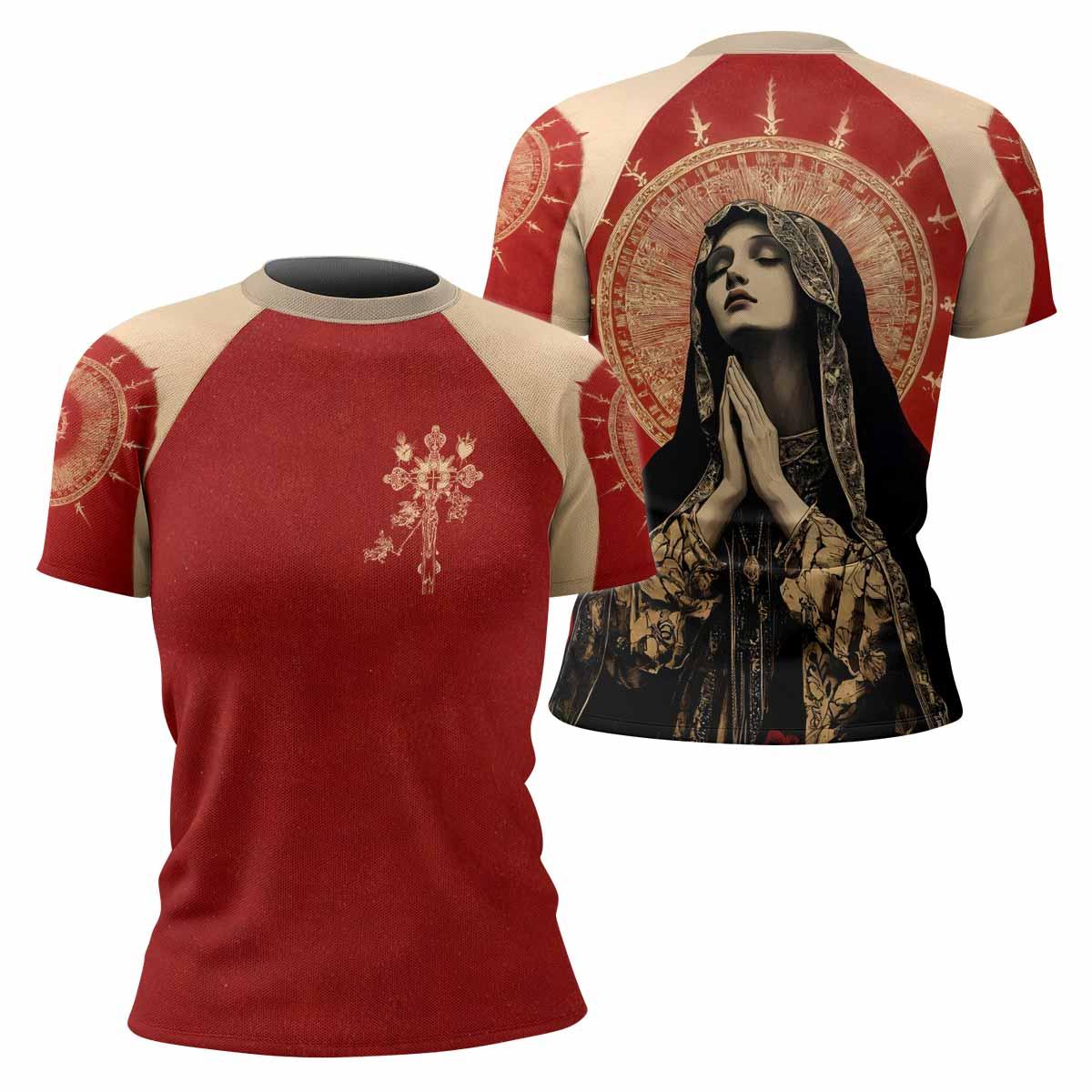 Mother of Sorrows Women's Rash Guard Short Sleeve - front and back view