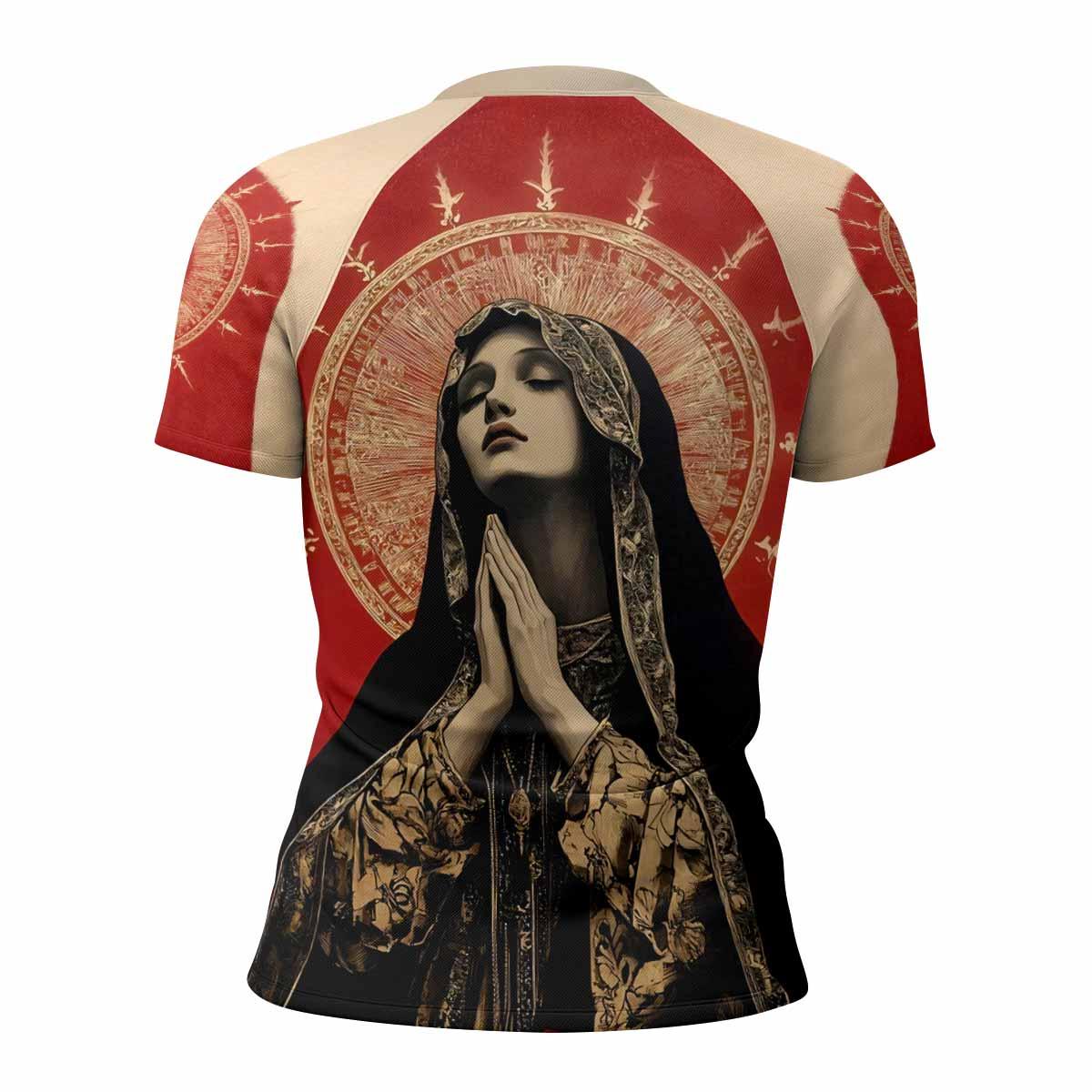 Mother of Sorrows Women's Rash Guard Short Sleeve - back view mockup