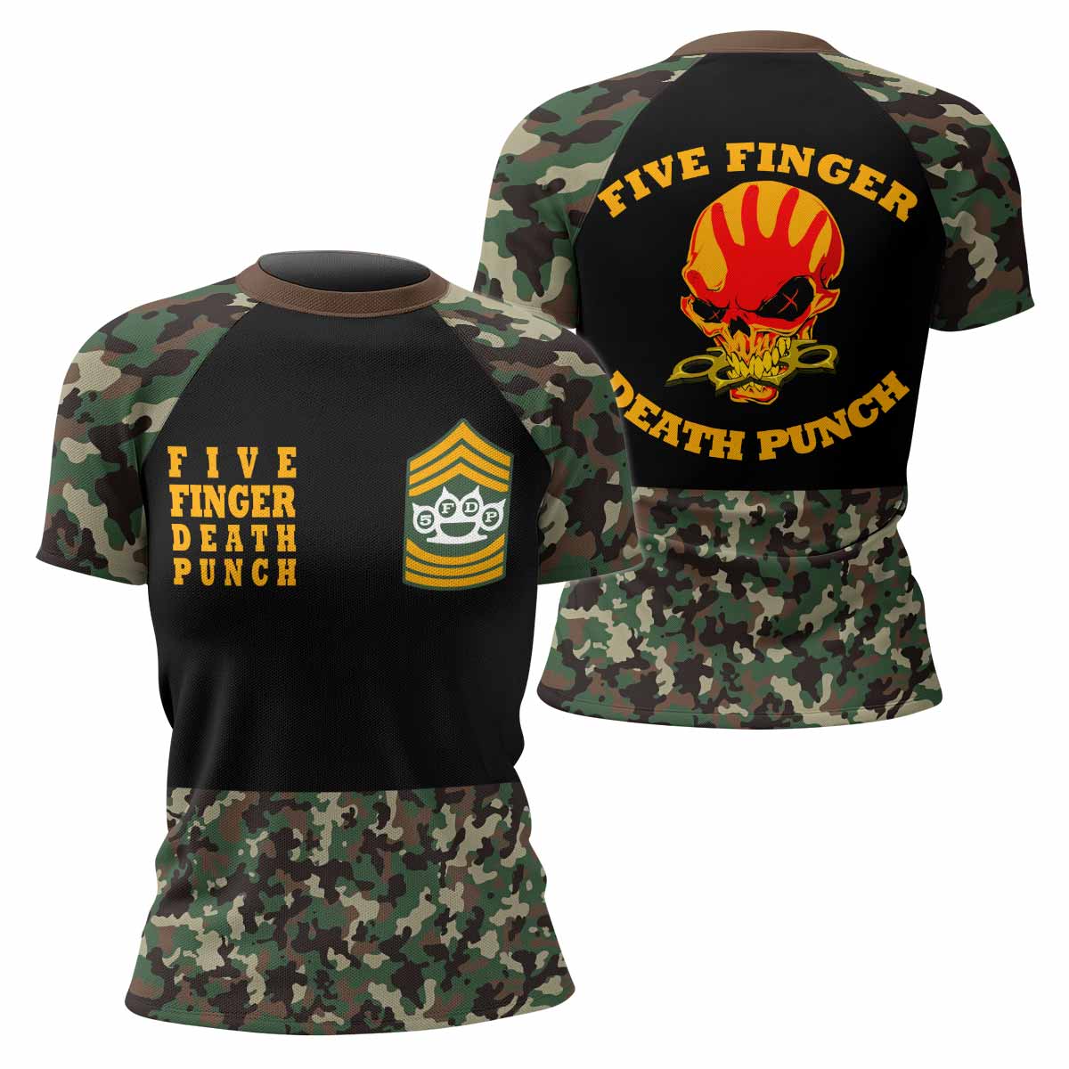 Five Finger Death Punch Camo Women's Rash Guard Short Sleeve - front and back view