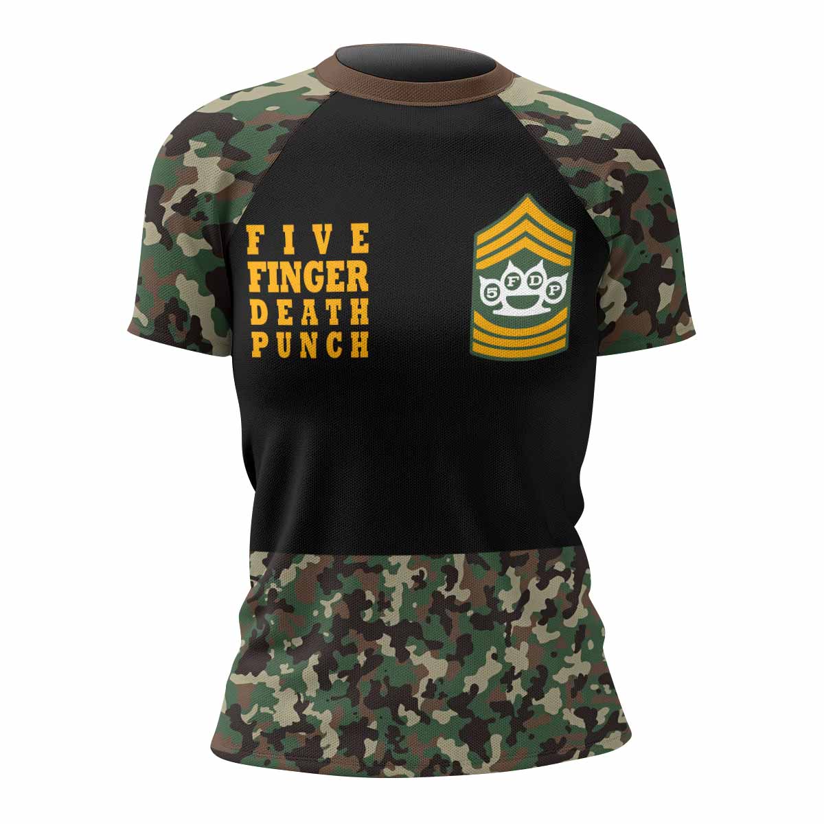 Five Finger Death Punch Camo Women's Rash Guard Short Sleeve - front view mockup