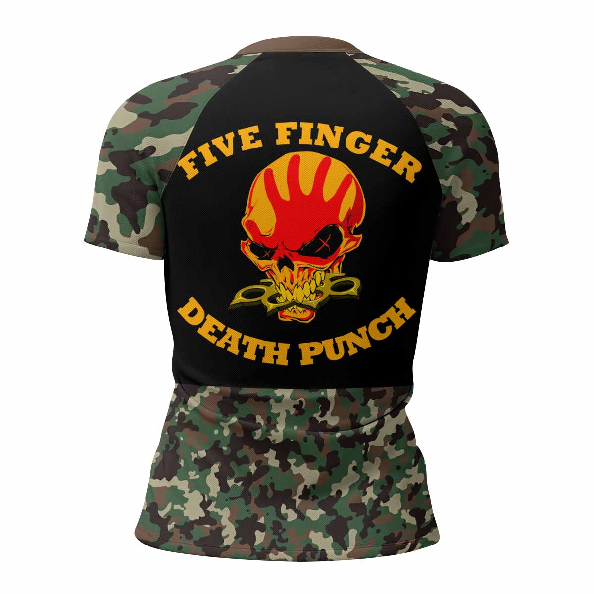 Five Finger Death Punch Camo Women's Rash Guard Short Sleeve - back view mockup