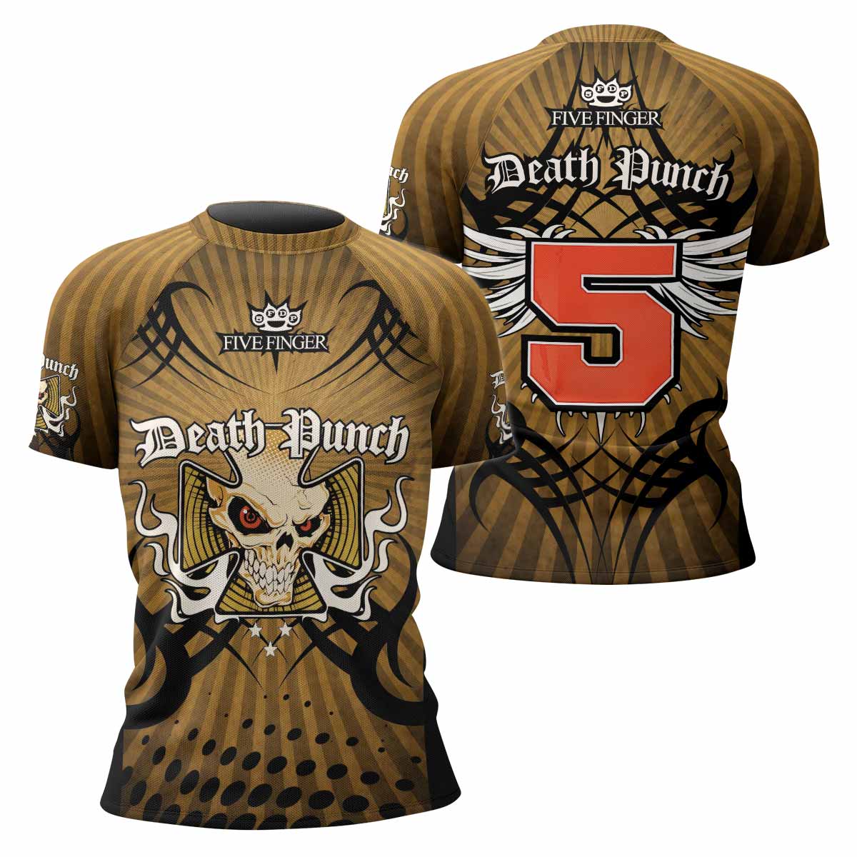 Five Finger Death Punch Gold V Women's Rash Guard Short Sleeve - front and back view
