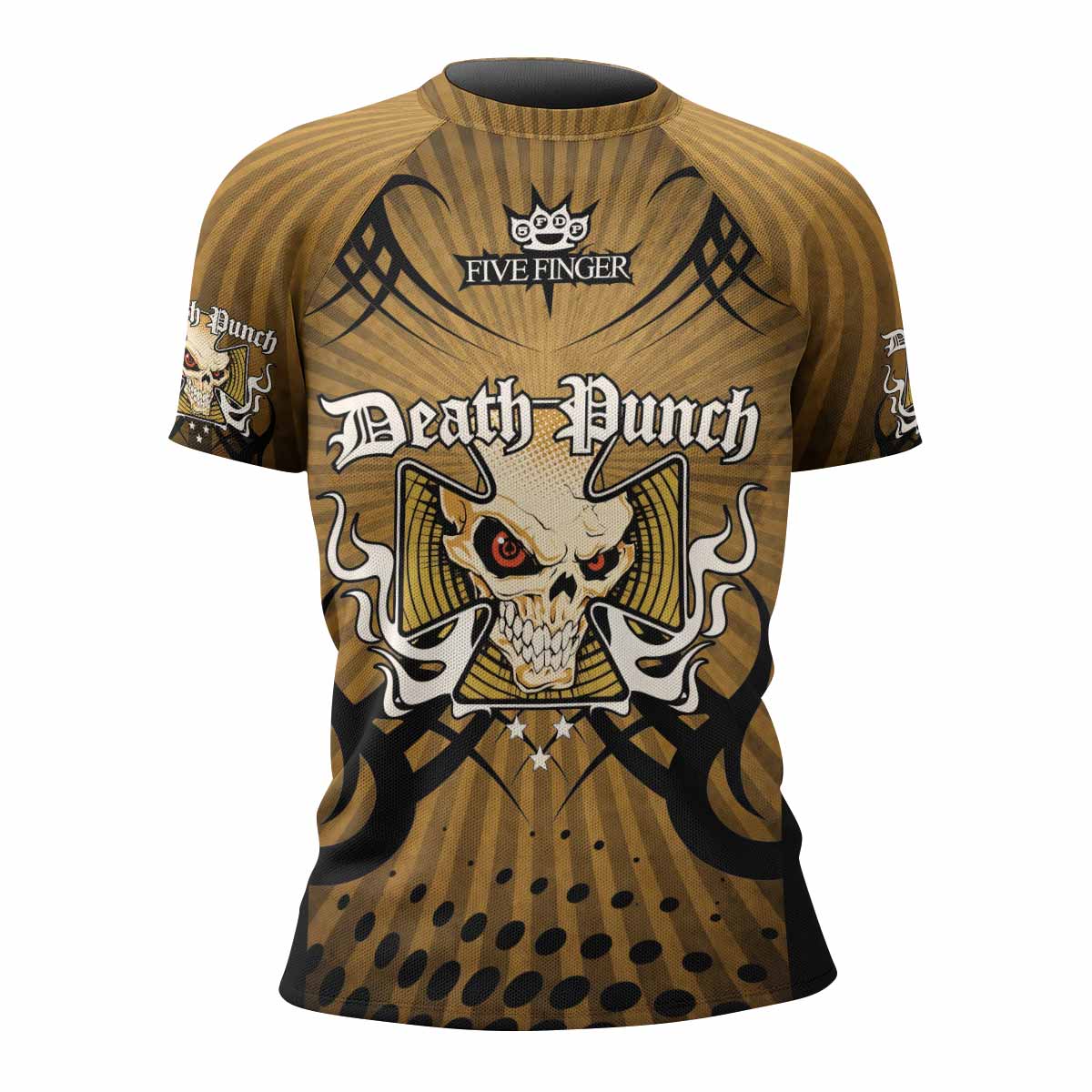 Five Finger Death Punch Gold V Women's Rash Guard Short Sleeve - front view mockup