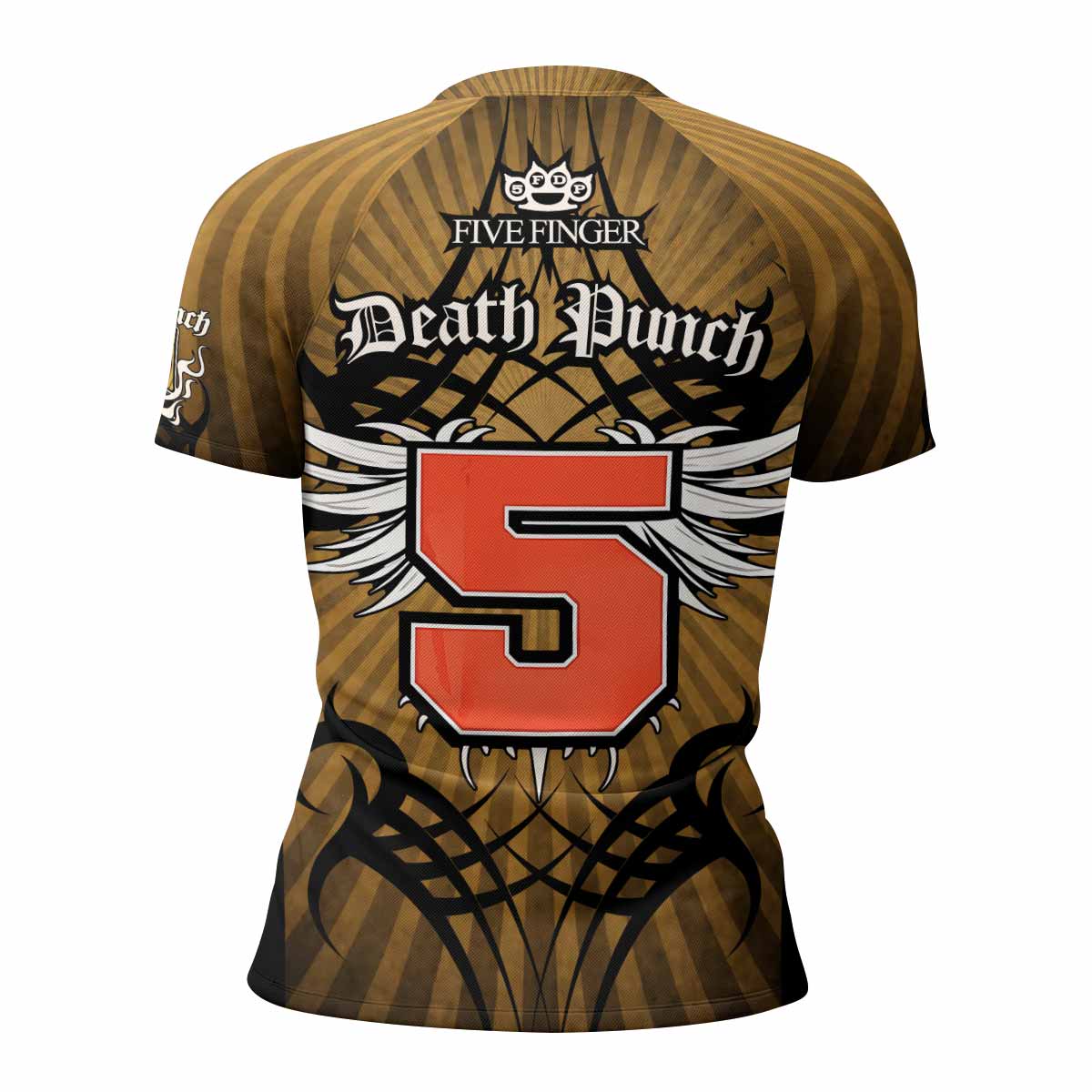 Five Finger Death Punch Gold V Women's Rash Guard Short Sleeve - back view mockup