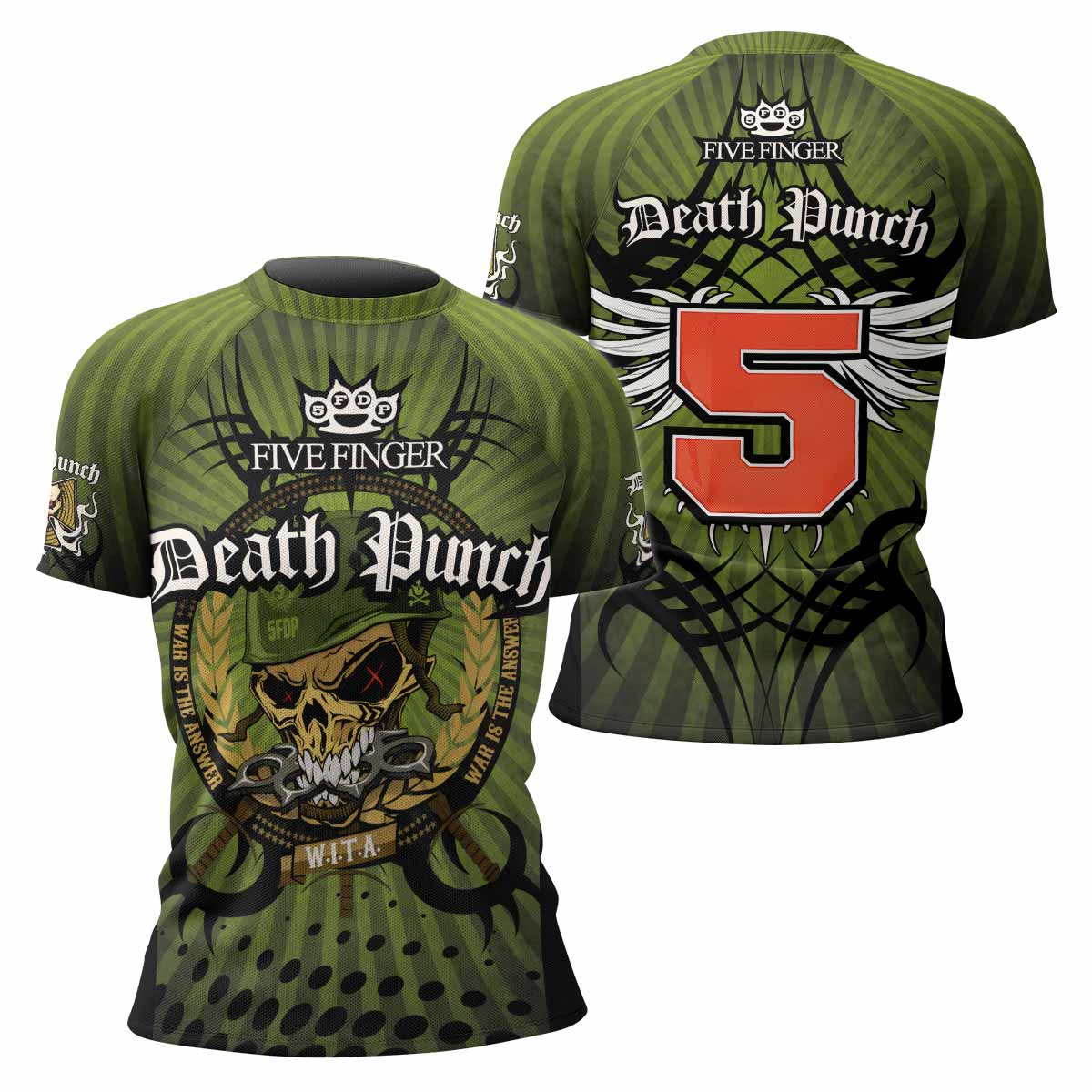 Five Finger Death Punch Green V Women's Rash Guard Short Sleeve - front and back view