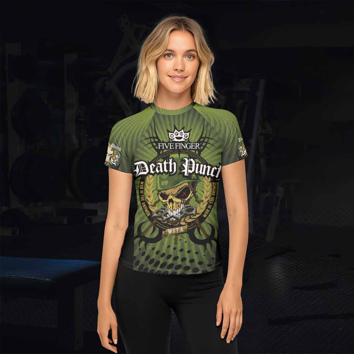 Five Finger Death Punch Green V Women's Rash Guard Short Sleeve - lifestyle view