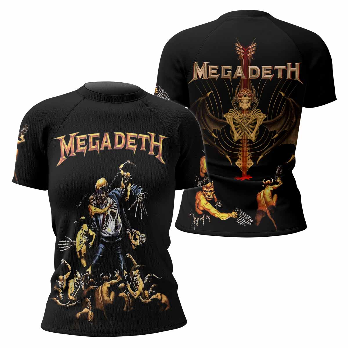 Megadeth Holy Wars 991 Wild Oats Women's Rash Guard Short Sleeve - front and back view