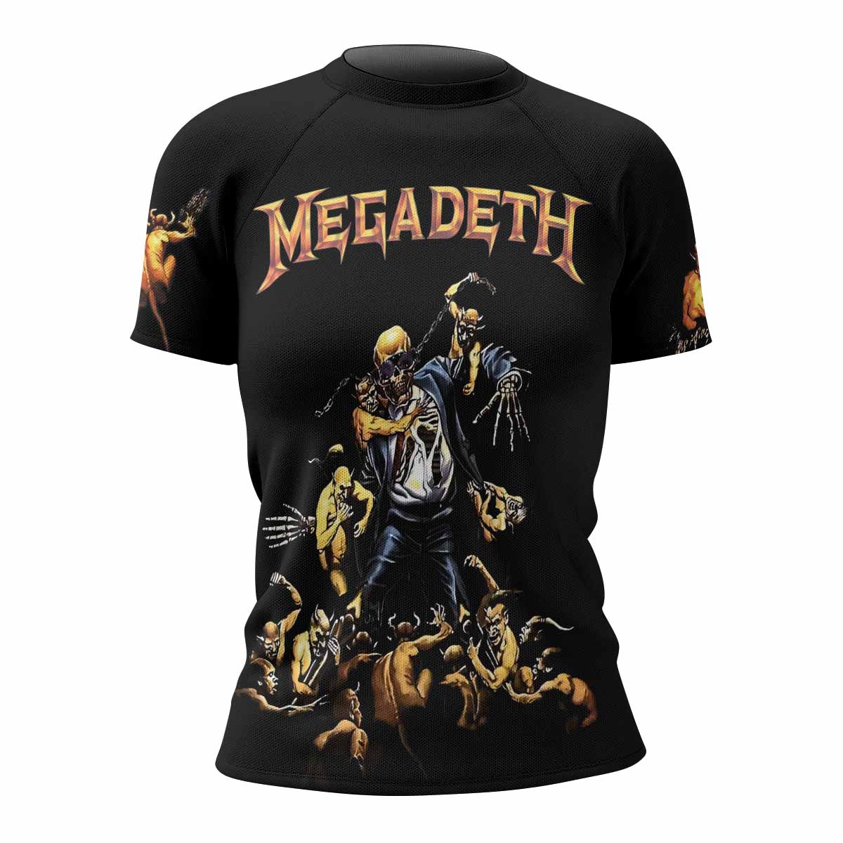Megadeth Holy Wars 991 Wild Oats Women's Rash Guard Short Sleeve - front view mockup