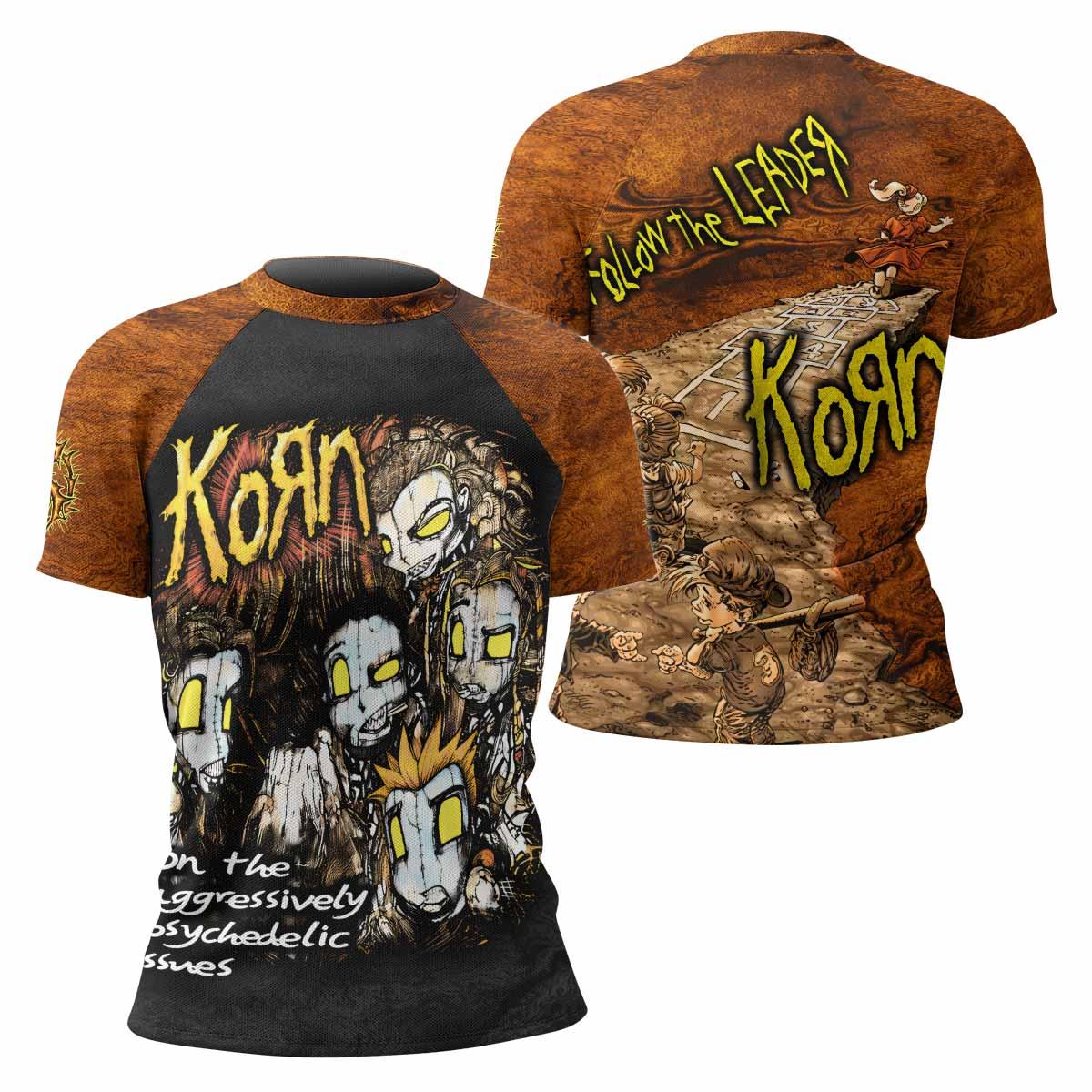 Follow the Leader Korn Women's Rash Guard Short Sleeve - front and back view