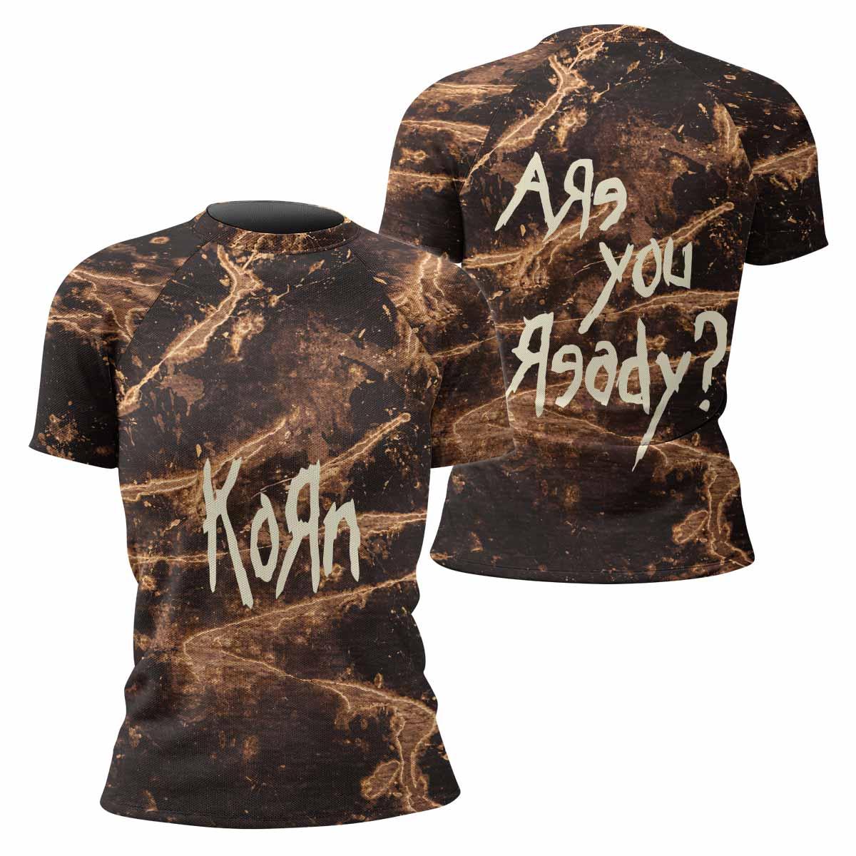 Are You Ready Korn Women's Rash Guard Short Sleeve - front and back view