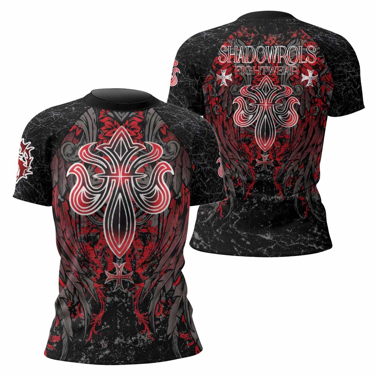 Crimson Faith Cross Women's Rash Guard Short Sleeve - front and back view