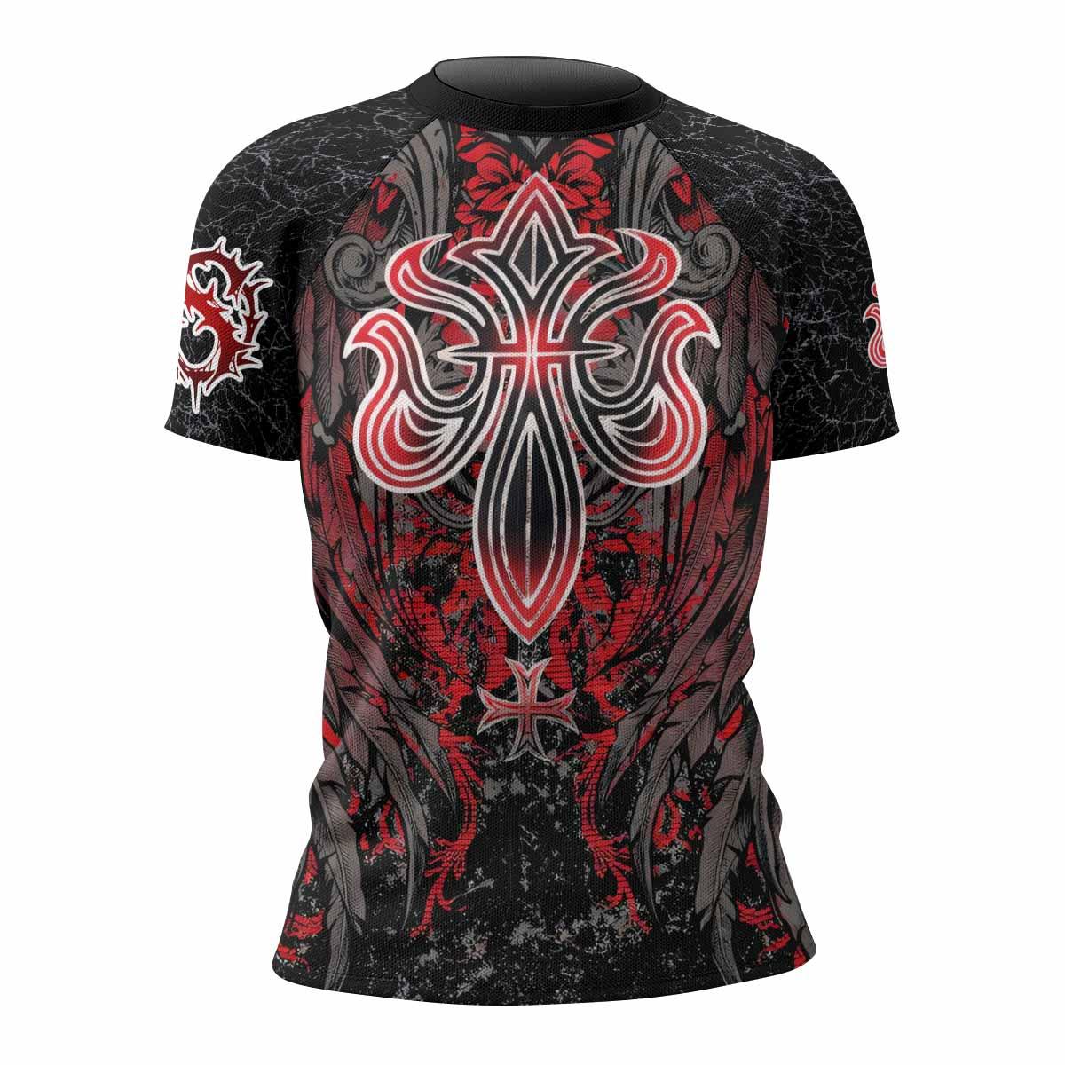 Crimson Faith Cross Women's Rash Guard Short Sleeve - front view mockup