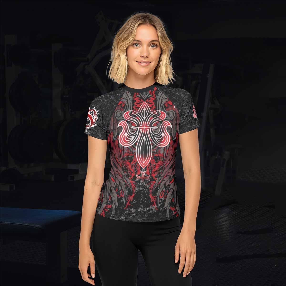 Crimson Faith Cross Women's Rash Guard Short Sleeve - lifestyle view