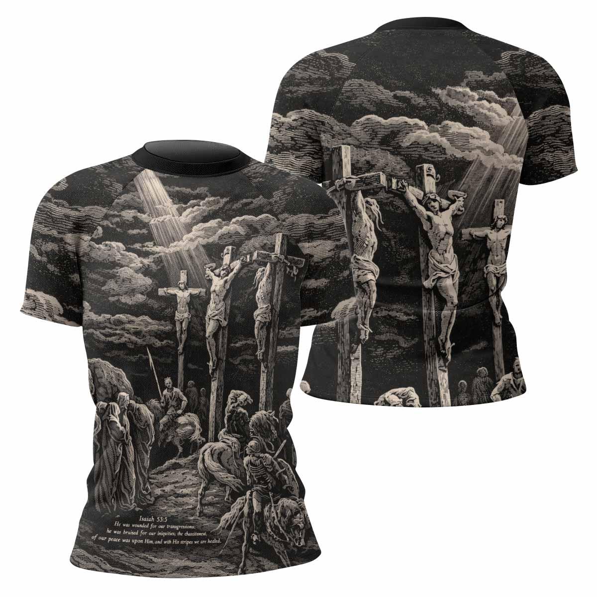 By His Stripes We Are Healed Women's Rash Guard Short Sleeve - front and back view