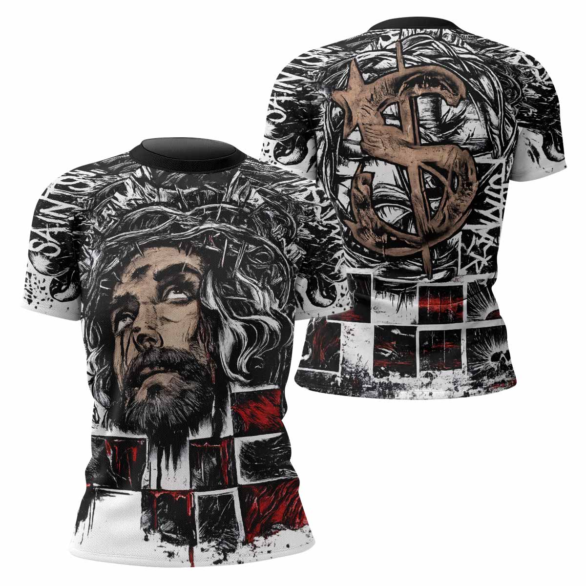 Man of Sorrows Women's Rash Guard Short Sleeve - front and back view