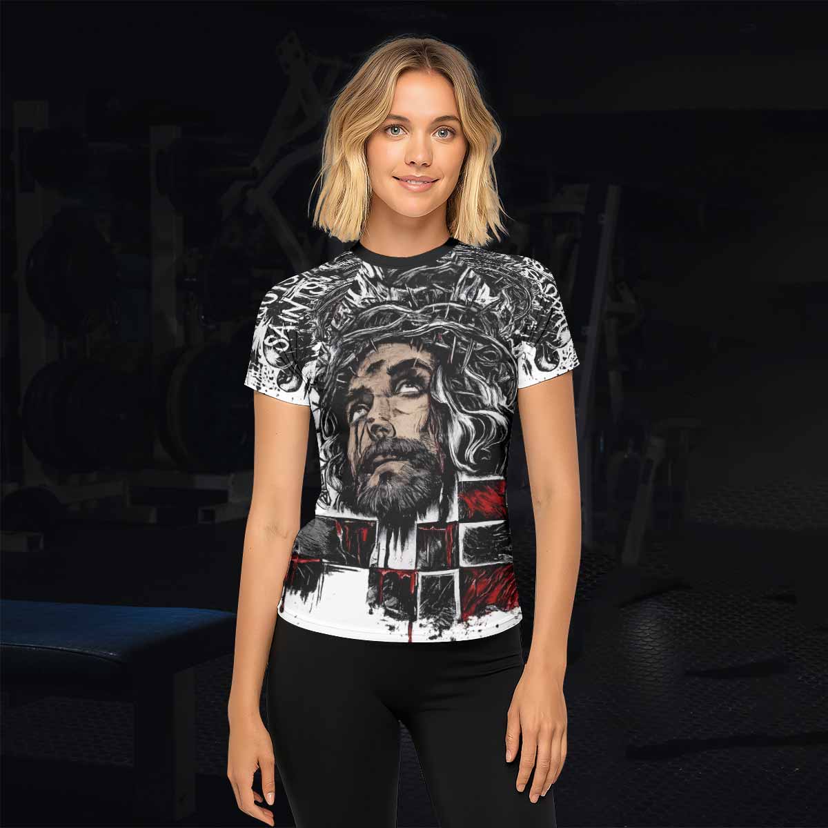 Man of Sorrows Women's Rash Guard Short Sleeve - lifestyle view