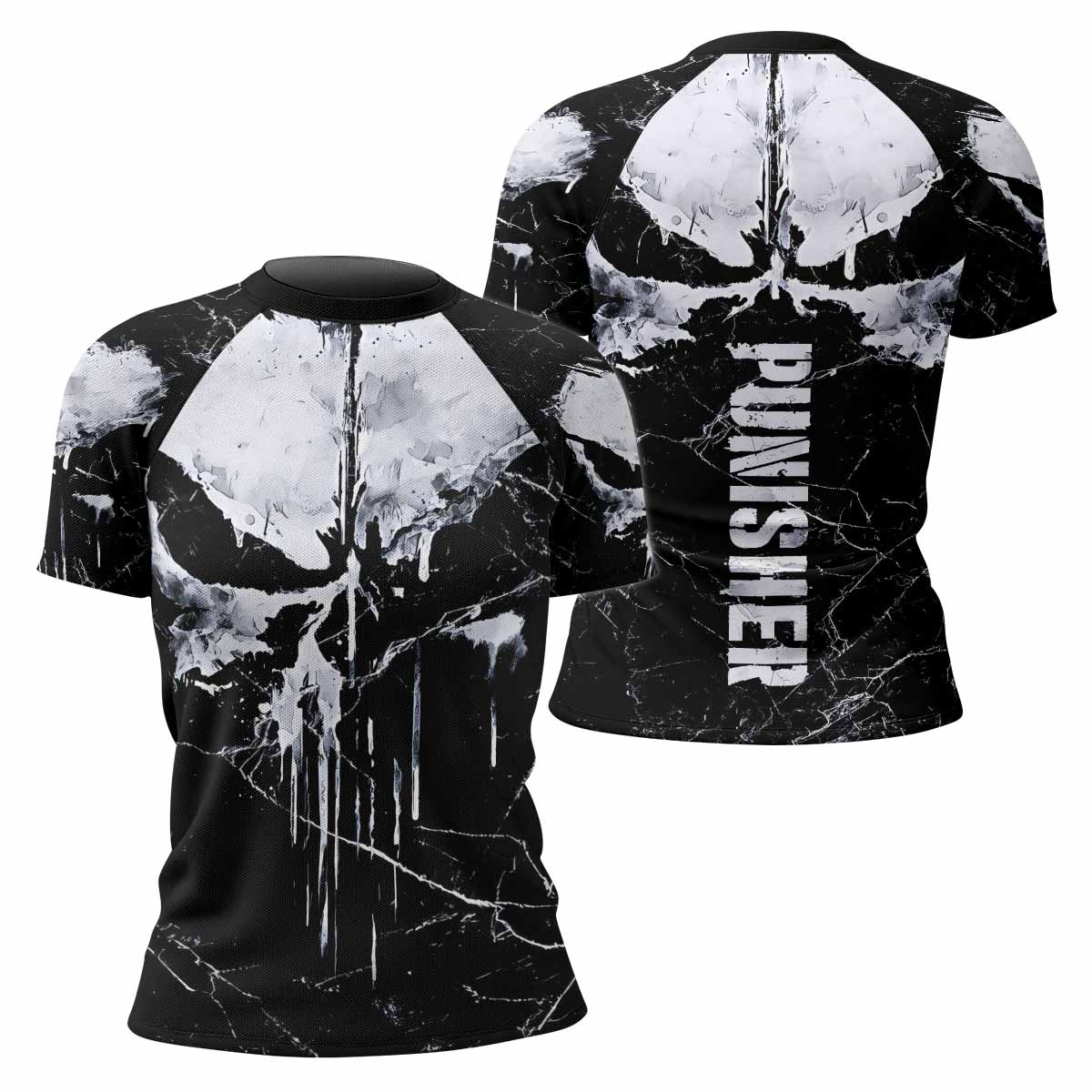 Punisher War Skull Women's Rash Guard Short Sleeve - front and back view