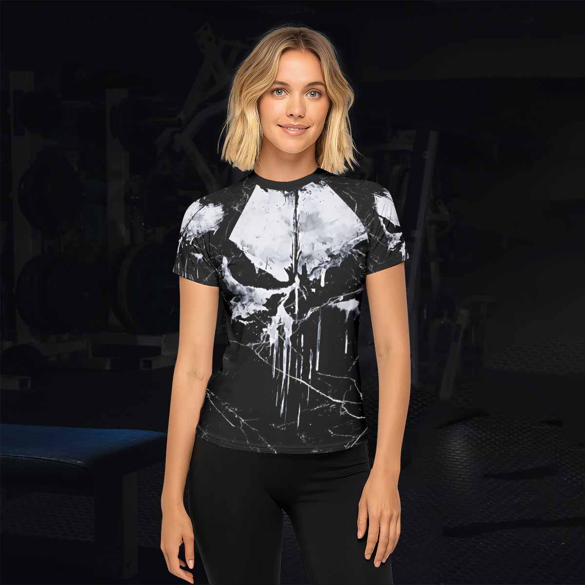 Punisher War Skull Women's Rash Guard Short Sleeve - lifestyle view
