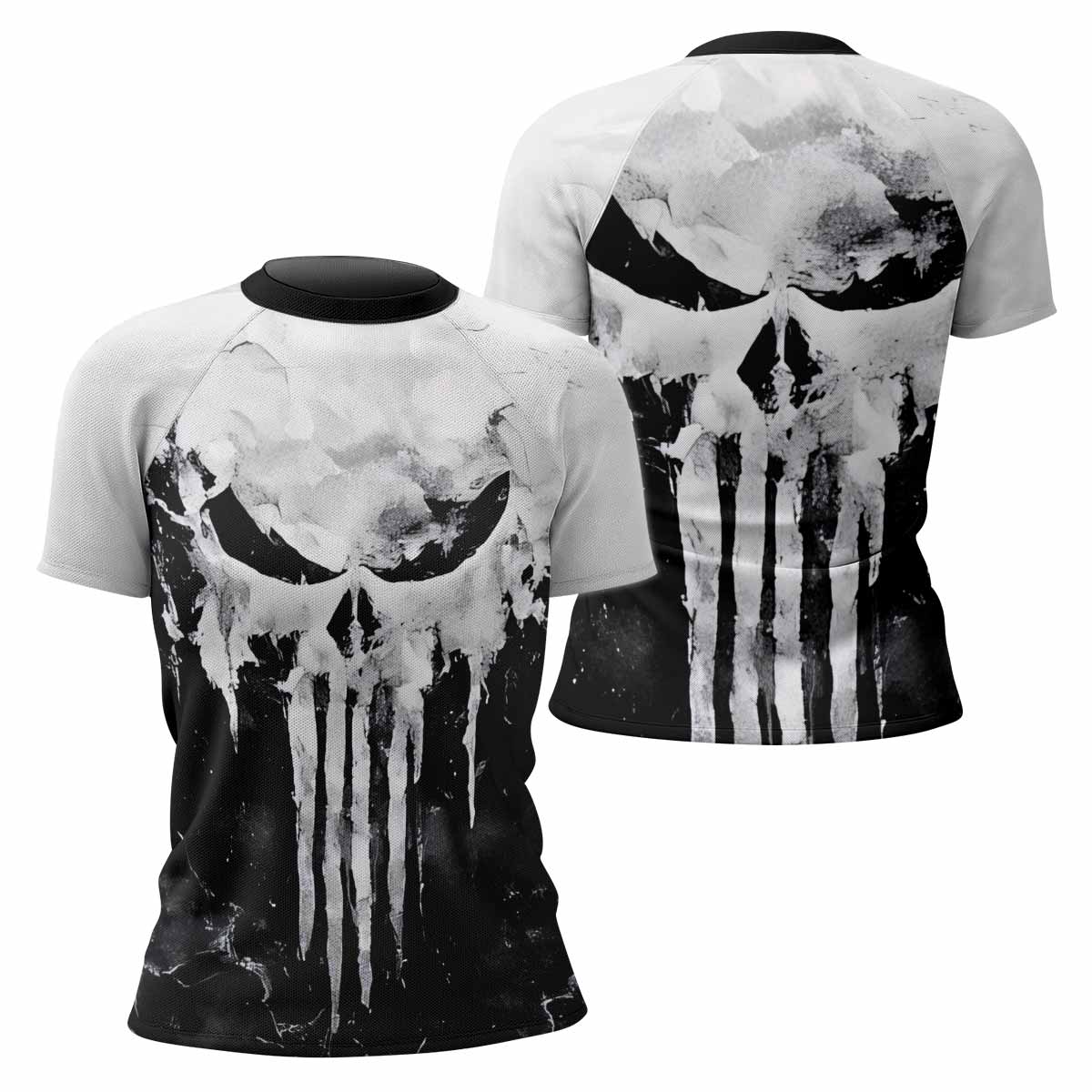 Punisher Ghost Skull Women's Rash Guard Short Sleeve - front and back view