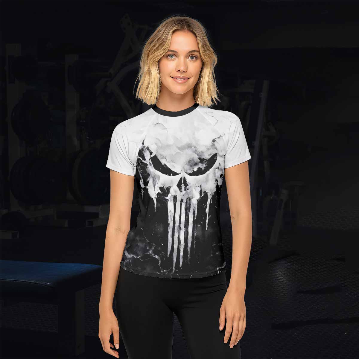 Punisher Ghost Skull Women's Rash Guard Short Sleeve - lifestyle view