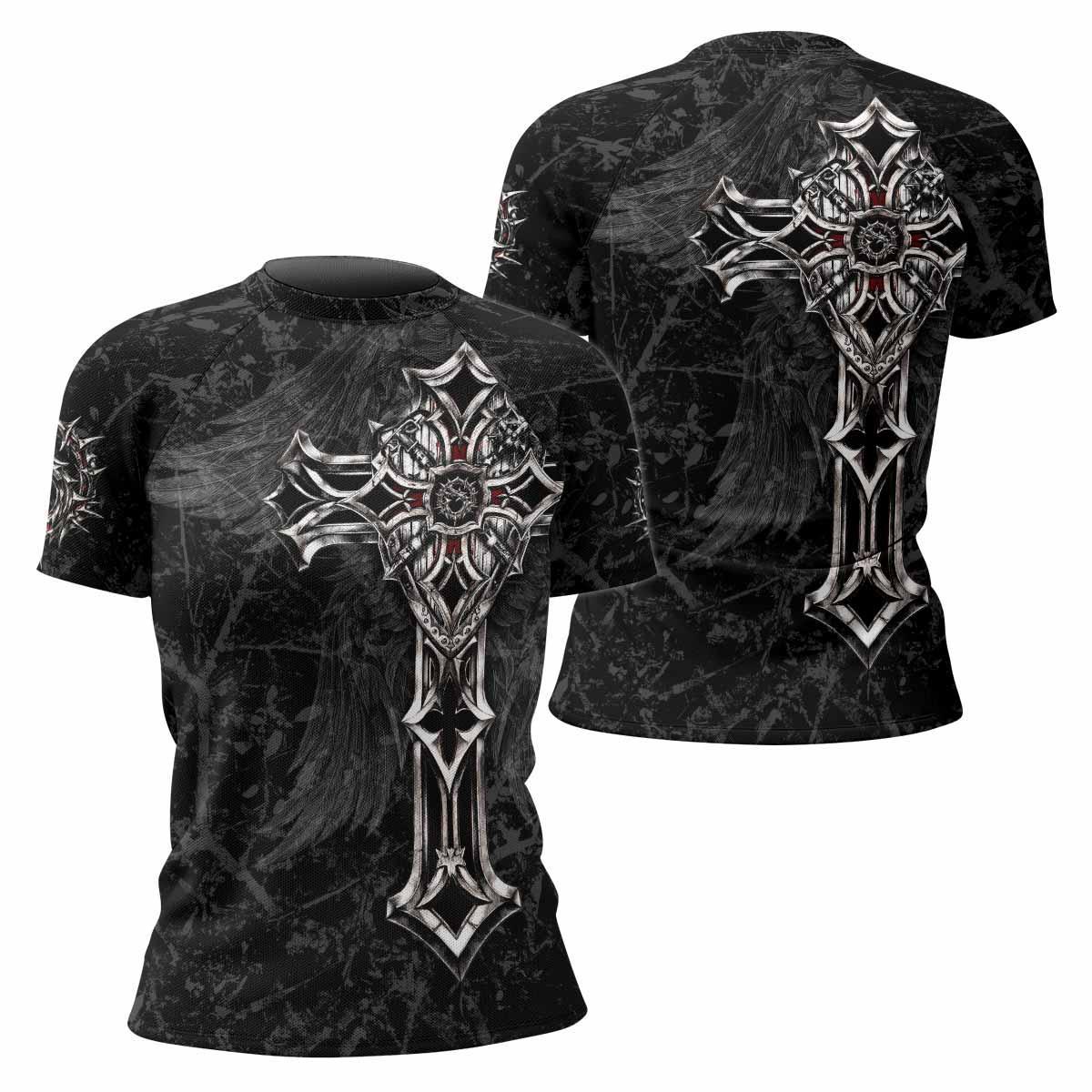 Crown of Thorns Cross Women's Rash Guard Short Sleeve - front and back view