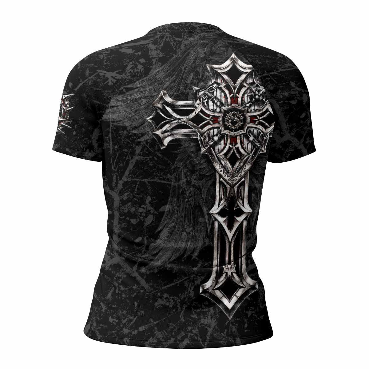 Crown of Thorns Cross Women's Rash Guard Short Sleeve - back view mockup