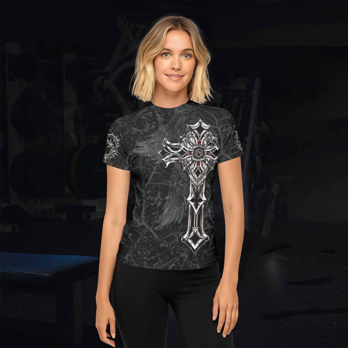 Crown of Thorns Cross Women's Rash Guard Short Sleeve - lifestyle view