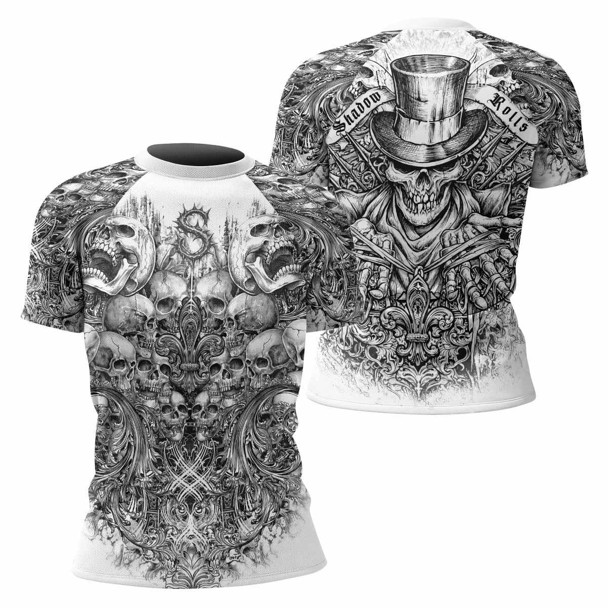 Memento Mori Skull Women's Rash Guard Short Sleeve - front and back view