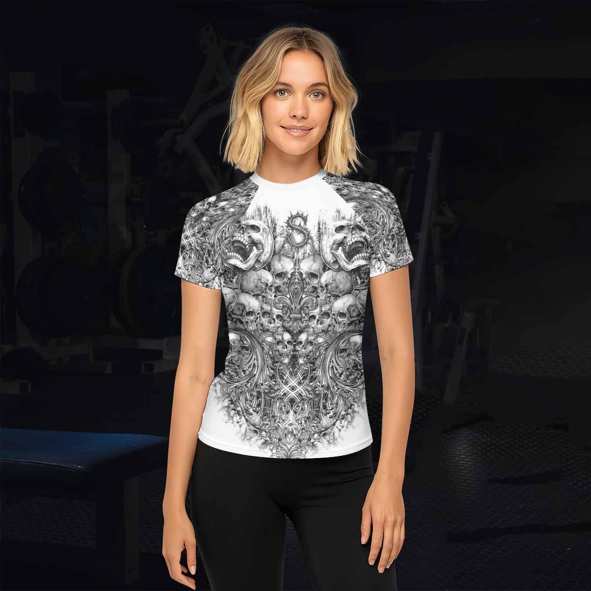 Memento Mori Skull Women's Rash Guard Short Sleeve - lifestyle view