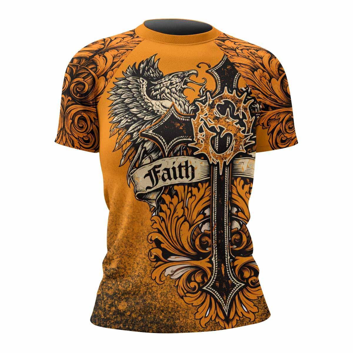 Faith Over Fear Crown Cross Women's Rash Guard Short Sleeve - front view mockup