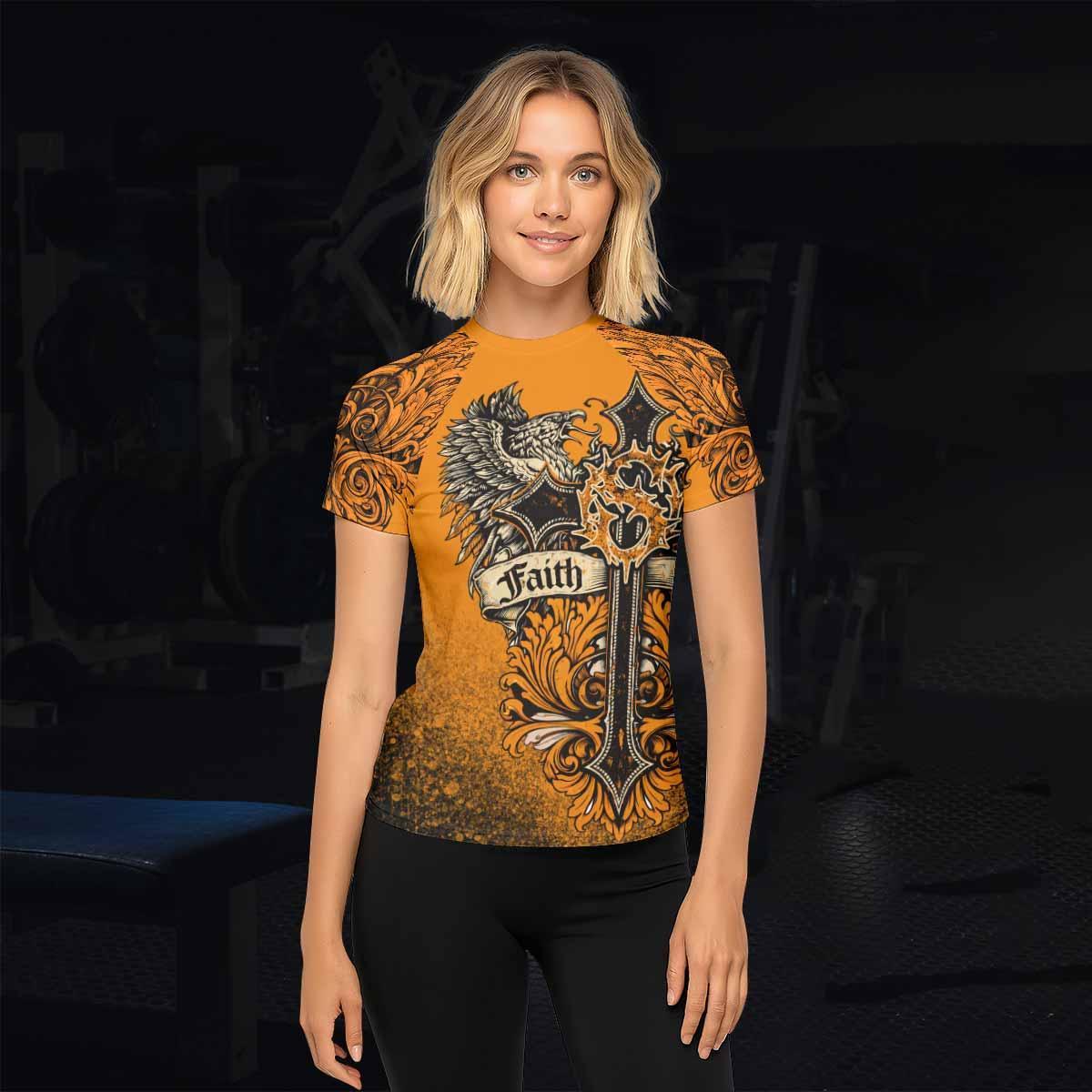 Faith Over Fear Crown Cross Women's Rash Guard Short Sleeve - lifestyle view