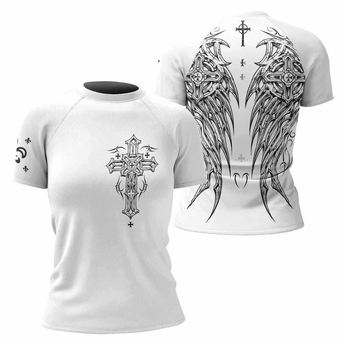 Angel Wings Cross Women's Rash Guard Short Sleeve - front and back view