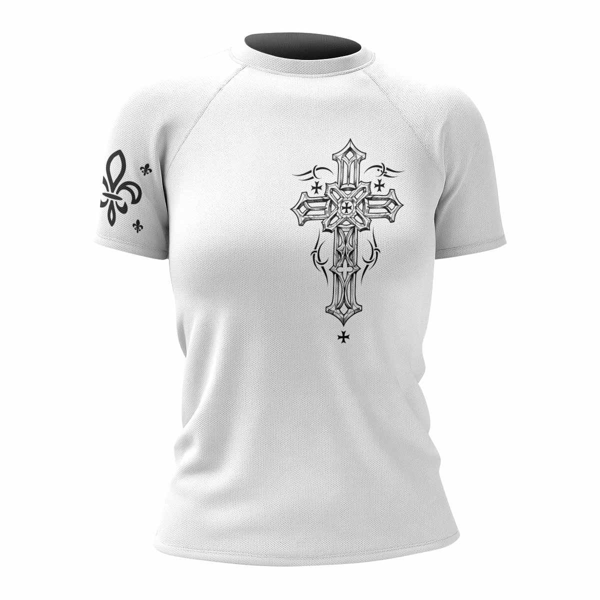 Angel Wings Cross Women's Rash Guard Short Sleeve - front view mockup