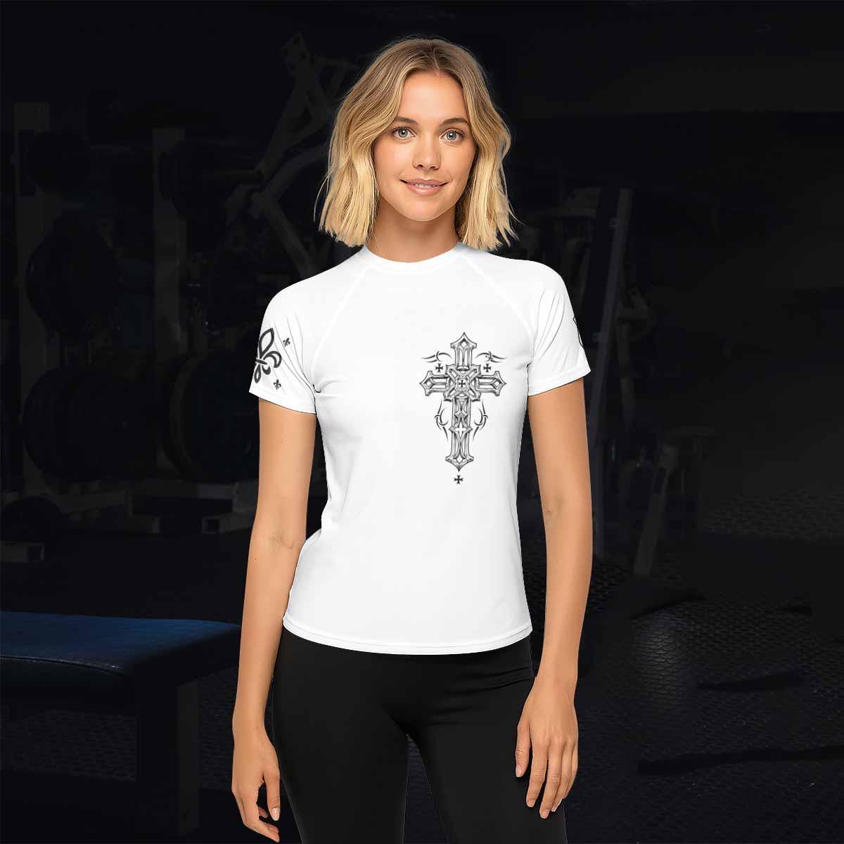 Angel Wings Cross Women's Rash Guard Short Sleeve - lifestyle view